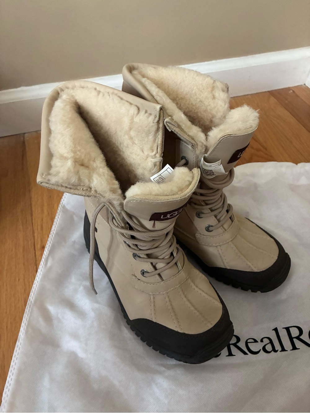 UGG Women's Tan Lace-Up Shearling Winter Boots with Black Soles